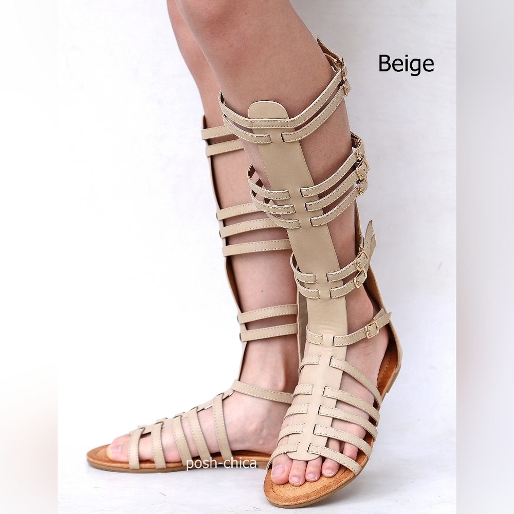New Beige Strappy Knee High Gladiator Sandals